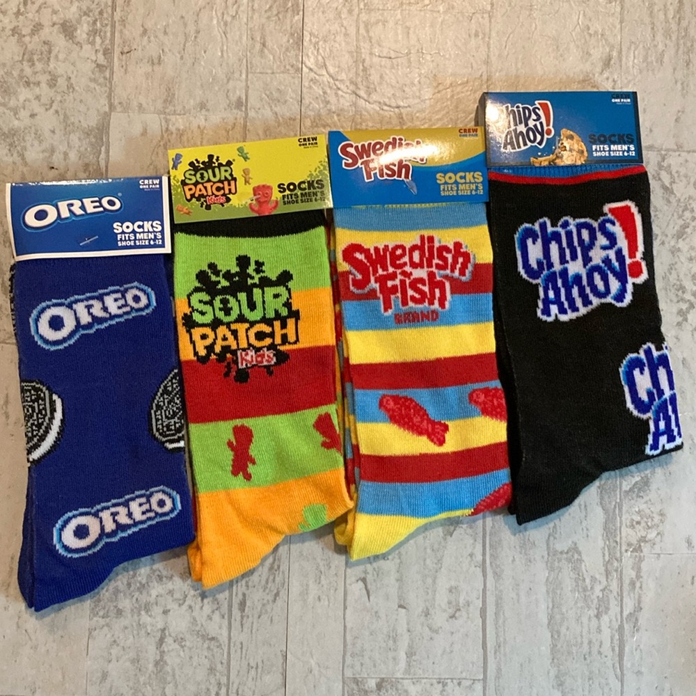 Men’s 4 Pack Candy & Cookie Sweet Treats Junk Food Theme Crew Socks Set